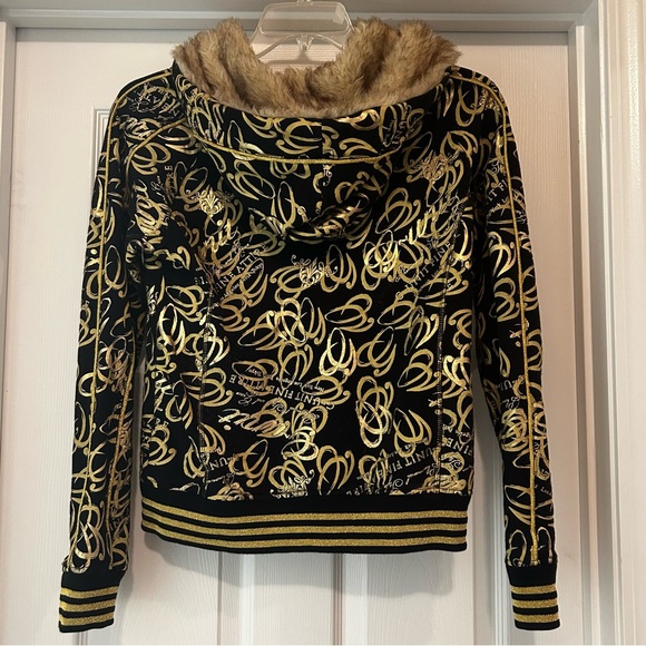 G Unit EUC Hooded Coat Women Size Large Faux Fur Lined Hood Black Gold Washable - Picture 10 of 10